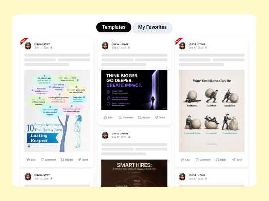 Dashboard grid view of proven LinkedIn post architectures and visual templates.